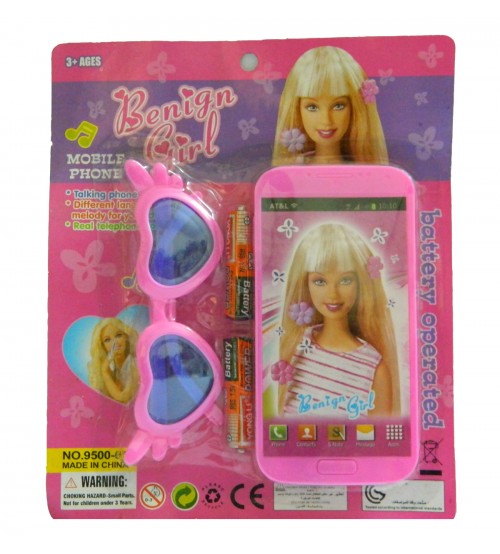Benign Girl Mobile Phone Toys with Kid Sun Glasses, Battery Operated Mobile Phone, 3+ Ages, Pink